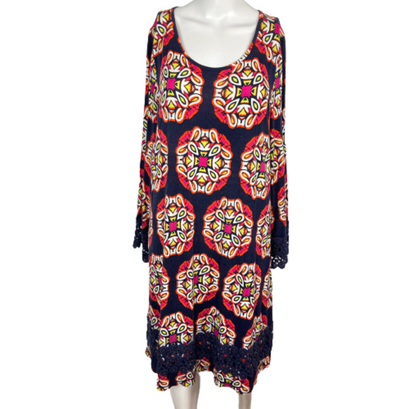 Crown & Ivy Dress Womens Sz 0X 16 Blue Print Shift Jersey Knit Beach Cover - Picture 1 of 10